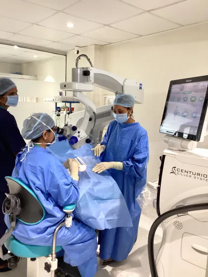 Cataract surgery in progress in the modular operating theatre, with the Zeiss microscope and Alcon Centurion system