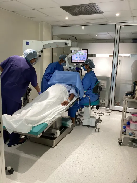 The modular operating theatre at My Vision Eye Care, with the air handling unit's ceiling diffuser above the operating table